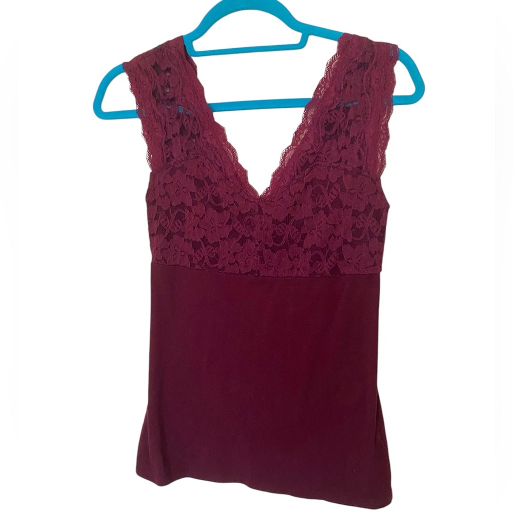 Express Burgundy Double V-Neck Lace Contour Blouse Size S